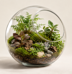 Glass terrarium with moss, small plants and natural stones