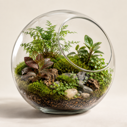 Glass terrarium with moss, small plants and natural stones
